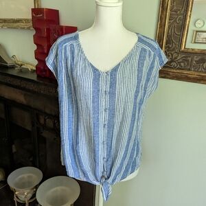 J.Jill Blouse Ws Large Petite Coastal‎ Linen Stripe Cap Sleeve TieFront Blue 125